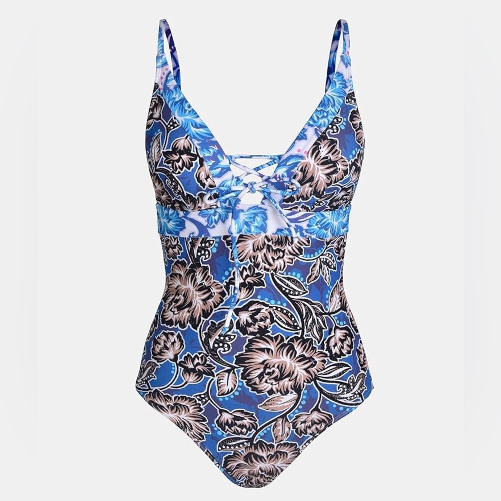 NWT CUPSHE BLUE FLORAL Women Deep V Neck Self Tie Tummy Control Paneled Suit